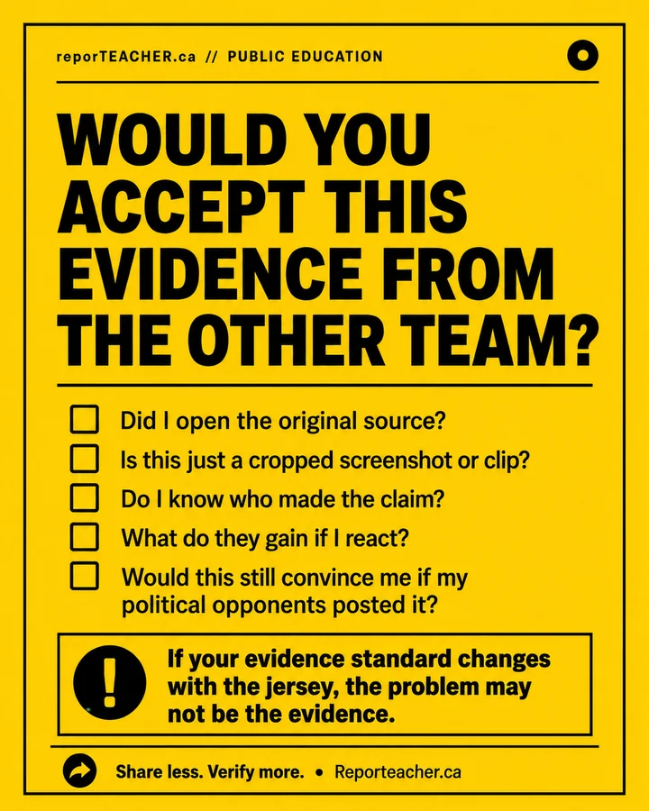 Checklist asking whether the same evidence would be accepted if it came from a political opponent